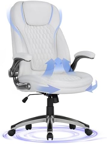 COLAMY Executive Office Chair-Ergonomic Computer Desk Chair, High Back Leather Chair with Padded Flip-up Arms, Swivel Home Office Chair Upgraded Caster, White by COLAMYHOME