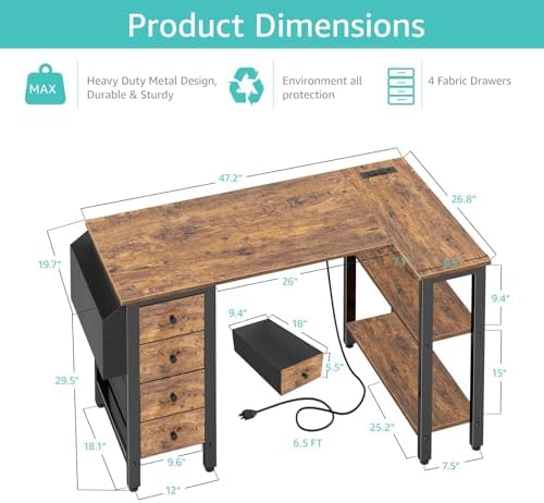 Lufeiya L Shaped Desk with Drawers & Storage Shelves, 47 Inch Small Reversible Corner Desk with Power Outlet for Home Office Bedroom, L-Shaped Gaming PC Computer Desks with Fabric Drawer, Rustic Brown - Image 3