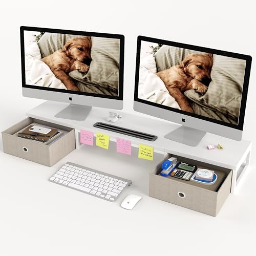 39 Inch Dual Monitor Stand Riser with 2 Drawers - Large White Wooden Computer Stand for 2 Monitors, Ergonomic Desk Organizer with Phone Holder, Desktop Storage for Laptop, Office Supplies, Home Office by Mexin