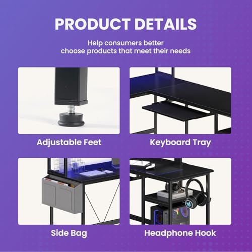 DUMOS 67" L Shaped Gaming Desk, Reversible Computer Desks with LED Lighting - Image 6