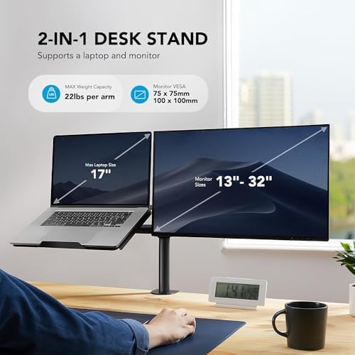 HUANUO Adjustable Monitor Arm with Laptop Tray, Single Desk Mount for 13-32" VESA Monitors up to 22 lbs, 14" x 12" Laptop Tray - Image 2