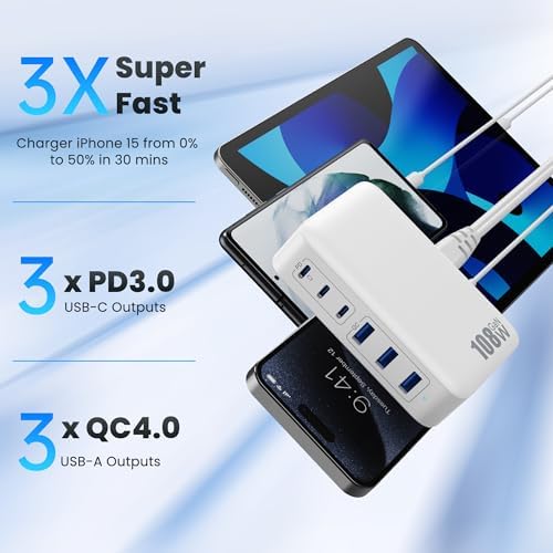 USB C Charger Block Charging Station,108W GaN III 6 Port 3xQC+3xPD Wall Charger Adapter Plug Cube,Super Fast Type C Charging Hub Box for iPhone 17 16 15 14 13 Pro Max iPad Samsung Pixel 5ft Cord-White - Image 4