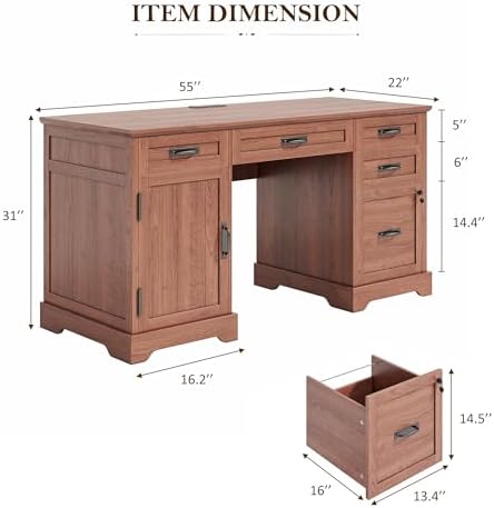 Whalefall 55'' Farmhouse Desk Home Office with Drawers, Brown - Image 2