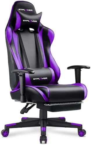 GTPLAYER Gaming Chair with Footrest, Ergonomic Computer Game Desk Chair, Reclining Gamer Chair Seat Height Adjustment, Swivel Rocker with Headrest and Lumbar, Purple by GTPLAYER