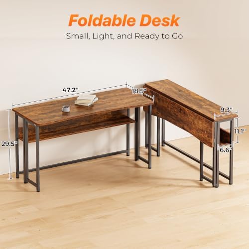 Huuger Folding Desk with Storage Shelf, 47.2 Inch Foldable Computer Table - Image 2