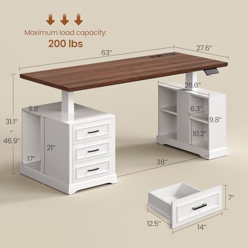 SEDETA 63" Farmhouse Electric Standing Desk with 3 Drawers, Storage Shelves - Image 2