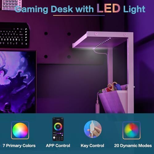 Jakyitvi 33.7" Computer Desk with Power Outlets, LED Lights & Drawer, Small Office Desk with Storage Bag & Hooks, Gaming Desk for Bedrooms or Home Office, Compact Study Desk for Small Spaces，White - Image 5