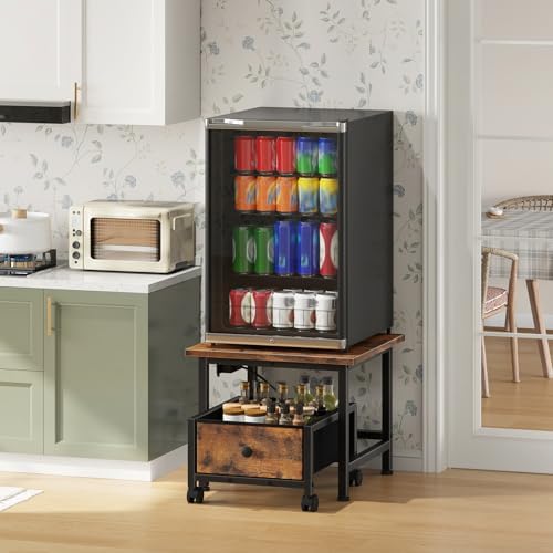 HOOBRO Mini Fridge Stand with Non-Woven Storage Basket and Power Outlet, Mini Fridge Cabinet with Wheels and Adjustable Feet, Mobile Fridge Shelf, for Home, Apartment, Dorm, Rustic Brown FB355UBX01 - Image 2