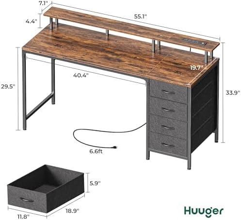 Huuger 55 Inch Computer Desk with Power Outlets and LED Lights, Gaming Desk with 4 Drawers, Office Desk with Monitor Stand, Study Work Home Office, Rustic Brown - Image 2