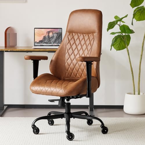 YFO Home Office Desk Chair High Back Office Rubber Casters Ergonomic Computer Chair with Lumbar Support Adjustable Height Rolling Swivel Chair Executive Task Armrests， Brown Leather by YFO