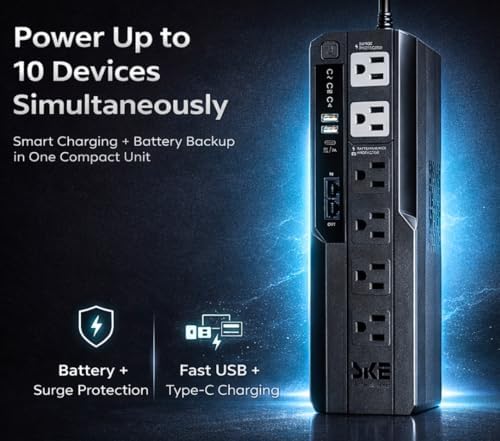 SKE VL625 625VA/360W UPS Battery Backup and Surge Protector - Uninterruptible Power Supply with AVR, 7 Outlets, USB and Type-C Charging, RJ45 Port for Computer, Router, Modem, and Home Office Devices - Image 4