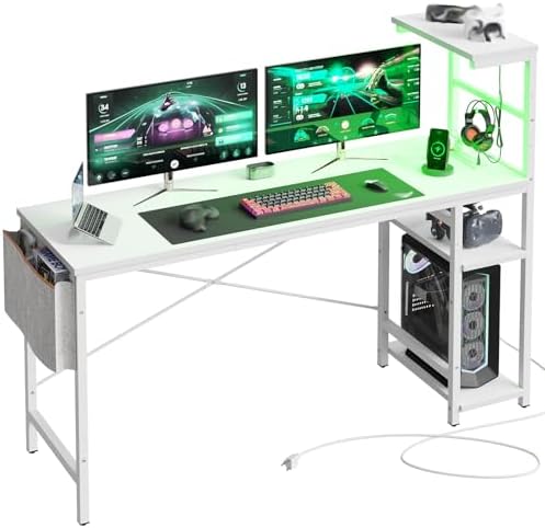 Bestier Gaming Desk with Power Outlets, 61 Inch Large Led Gamer Desk with 4 Tiers Reversible Shelves, PC Gaming Table with Headset Hook & Side Storage Bag for Bedroom (White 3D Carbon Fiber) by Bestier