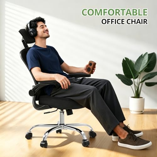 Office Chair Ergonomic Desk Chair, 330LBS Capacity, High Back Computer Chair for Long Hours Comfortable, Rolling Swivel Executive Task Chair for Home Office with Flip-up Armrests, Black Black-Chrome - Image 5