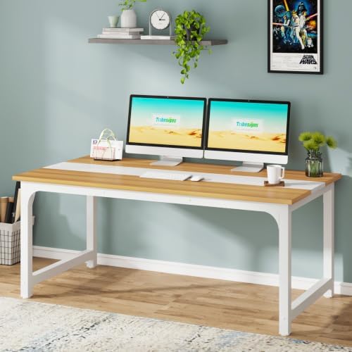 Tribesigns Modern Computer Desk, 63 x 31.5 inch Large Office Desk Computer Table Study Writing Desk Workstation for Home Office, Light Walnut/White - Image 4
