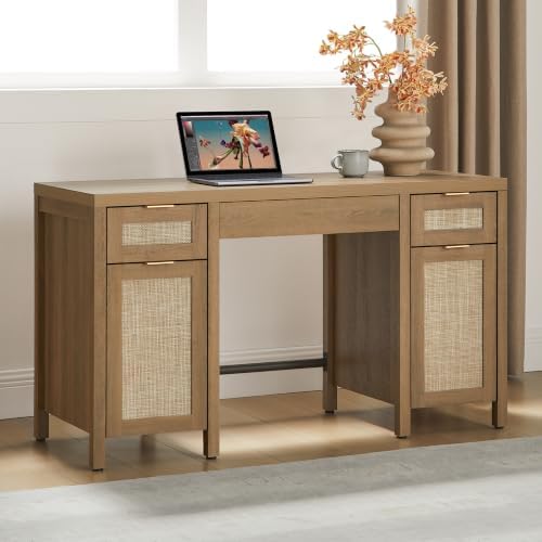 SICOTAS Rattan Home Office Desk with Storage, 52" Boho Executive Desk by SICOTAS