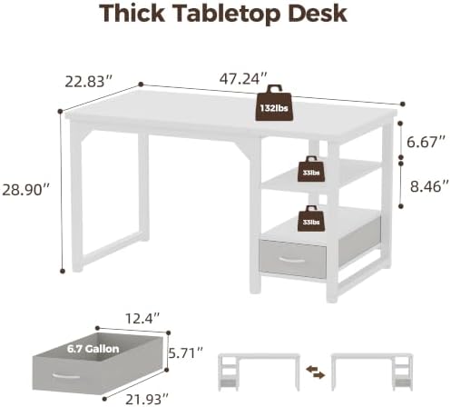 Mericonia 48 in Computer Desk with Drawer, 1" Thick Reversible Office Desk - Image 3