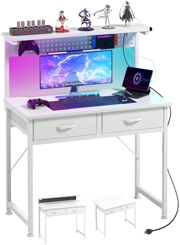 MUTUN Small Desk with Drawers, 31 Inch Computer Desk with Power Outlet & LED Light, Gaming Desk with Adjustable Monitor Stand & Pegboard, Modern PC Study Writing Table for Bedroom, White by MUTUN