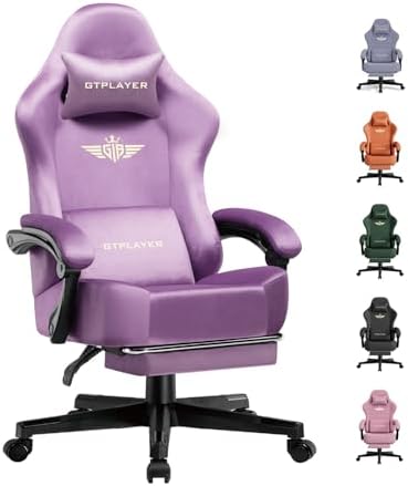 GTPLAYER Gaming Chair Fabric with Pocket Spring Cushion, High Back Ergonomic Computer Chair with Footrest for Adults Lumbar Support Swivel Game Chair for Office Gaming 350LBS, Light Purple by GTPLAYER