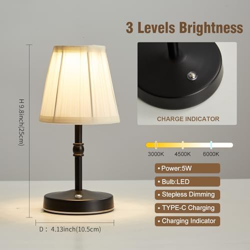 5W LED Cordless Mini Lamp,3000 mah Battery Operated Lamps,3 Color Temperature Dimmable Table Light,Small Rechargeable Lamp,Kitchen Lamps countertop,Restaurant (Black) - Image 2