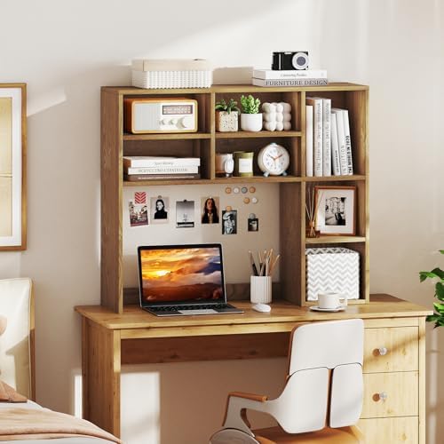 MAT EXPERT Wooden Desktop Bookshelf, Countertop Desk Hutch w/ 7 Cubes & Adjustable Shelves, Anti-toppling Kits, Table Top Organizer Shelf Fits Monitors up to 27” for Dorm, Office, Study (Natural) - Image 2
