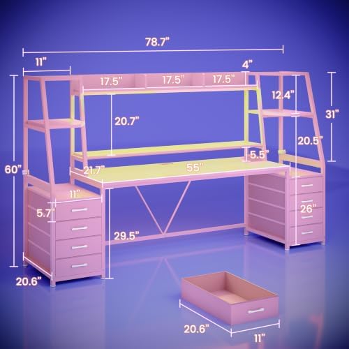SEDETA 79'' Gaming Desk with LED Lights,8 Drawers and Storage Shelves, Pink - Image 2