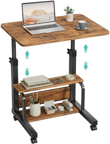 WINAZ C Shaped Rolling Laptop Desk - 24" Rustic Brown Mobile Desk with Wheels for Small Spaces, Height Adjustable Overbed Table with 2-Tier Storage Shelves by Unknown