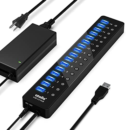 Power USB Hub 3.0, atolla 16 Port USB Splitter with 12V/6A Power Adapter and Individual Switches, High-Speed Data Transfer for Laptop, PC, Mac, and More Devices by atolla