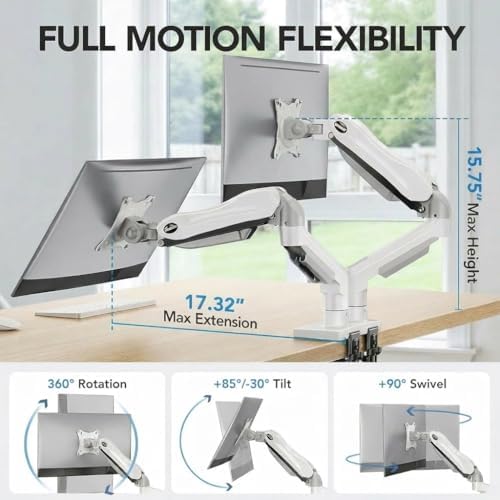 HUANUO Dual Monitor Stand - Full Adjustable Monitor Desk Mount Swivel Vesa Bracket with C Clamp, Grommet Mounting Base for 13 to 32 Inch Computer Screens - Each Arm Holds 4.4 to 19.8lbs - White - Image 3
