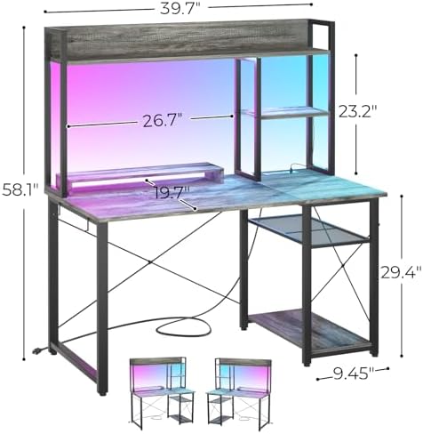 Cyclysio 39'' Gaming Desk with Hutch and Reversible Storage Shelves, Grey - Image 2