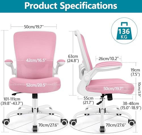 FelixKing Office Chair, Ergonomic Desk Chair Breathable Mesh Chairs Adjustable High Back Lumbar Support Flip-up Armrests, Executive Rolling Swivel Comfy Computer Chairs Home Office Pink - Image 3