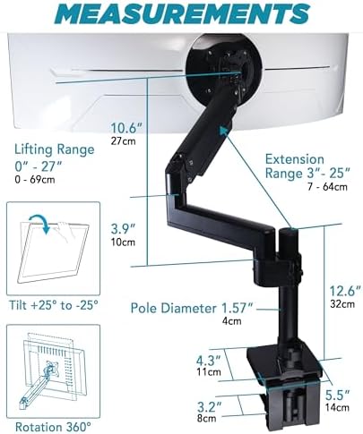 ULTRARM Heavy Duty Monitor Arm for Ultrawide Monitors up to 57" and 44 lbs, Single Desk Stand, Pneumatic Height Adjustable, Modular Extension Arms - Max VESA 100x100, Black, MA20P-S - Image 5