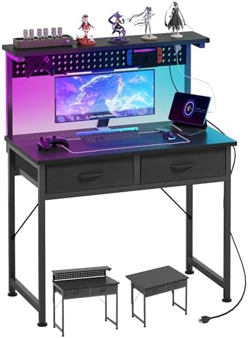 MUTUN Small Desk with Drawers, 31 Inch Computer Desk with Power Outlet & LED Light, Gaming Desk with Adjustable Monitor Stand & Pegboard, Modern PC Study Writing Table for Bedroom, Black by MUTUN
