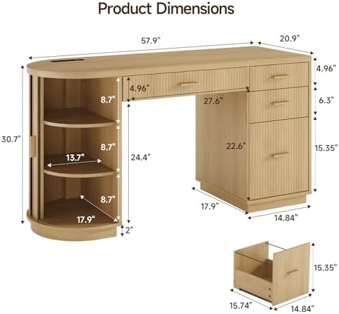 ONBRILL 58 Inch Fluted Executive Desk, Computer Desk with Storage Drawers & File Drawer, Modern Home Office Desk with Charging Station for Working, Studying, Writing, Oak - Image 2