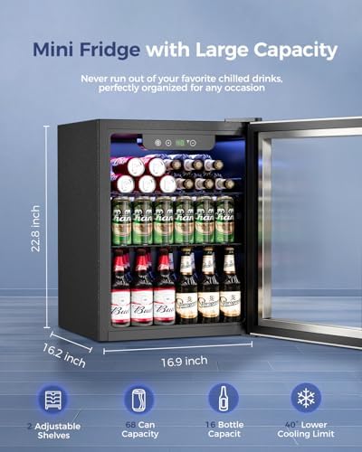 Feelfunn 68 Can Beverage Refrigerator, 1.7CuFt Mini Fridge with Glass Door - Image 2