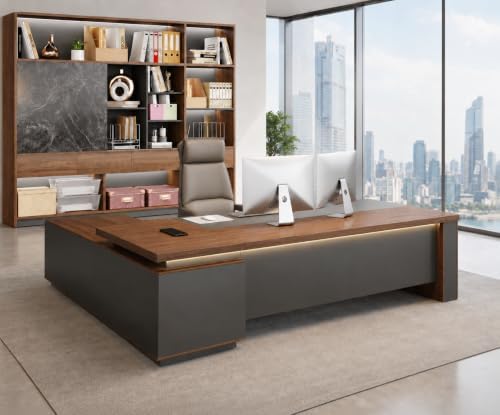 63" L-Shaped Executive Desk with Reversible Return – Modern Office Desk with Drawers, Open Shelves, LED Lighting, Built-in Outlet & USB Ports for Home, Office, School (63" W x 63" D x 30" H) by ANZHAP-SmartOfficeSolutions