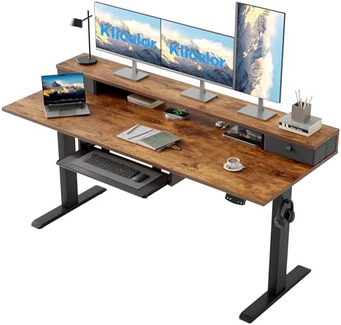 Klicelor 63 x 24 Inch Electric Standing Desk with Drawers and Keyboardtray, Adjustable Height Small Sit Stand Desk for Home Office, Compact Computer Workstation with Storage- Rustic Brown by Klicelor