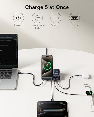 Baseus Nomos 5-in-1 Charging Station 140W, Qi2 Certified 15W Magnetic Wireless Charger with 100W Retractable Cable, GaN Fast USB C Desktop Charger for Magsafe, iPhone 16/15 Pro Max, MacBook Pro - Image 2