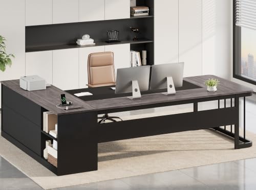 UPOSOJA 78.7" Executive Desk, Large Office Desk with Drawers & Storage Shelves, Modern L Shaped Computer Desk Corner Desk with Power Outlets, File Cabinet, Business Furniture Desk Workstation (Grey) by UPOSOJAWishesYouaNiceDay