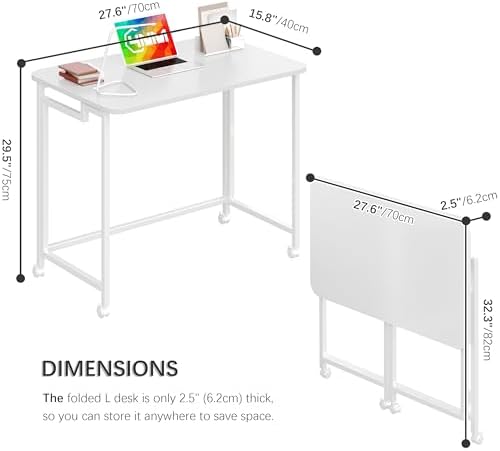4NM 27.5" Mobile Small Rolling Computer Desk, Folding Laptop Cart Table with Wheels, Portable Office Desk for Small Space Couch Bed - All White - Image 3