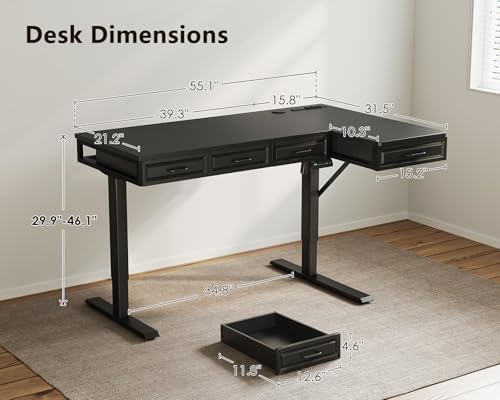 OffiGo 55 Inch L Shaped Standing Desk with 4 Wooden Drawers, Black - Image 3