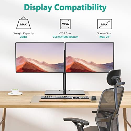 WALI Free Standing Dual Monitor Stand, Height Adjustable Monitor Mount with Glass Base, Fits LCD LED Flat Curved Screen up to 27 inch, 22lbs, with Grommet Base (GMF002) - Image 2