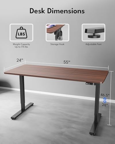 Large Electric Standing Desk, Gaming Desk, 55 x 24 Inch, Walnut - Image 5