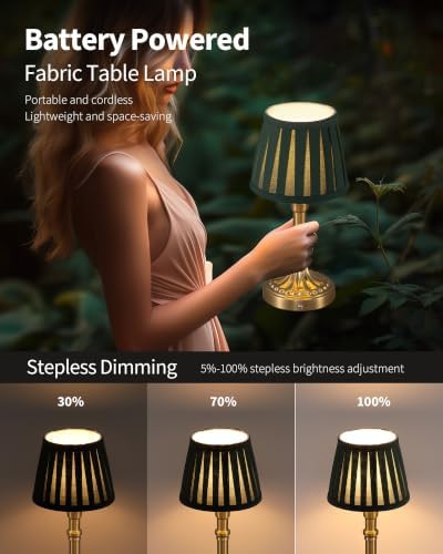 KDG Gold Cordless Table Lamps Set of 2, Green Fabric Shade Small Desk Lamp - Image 4
