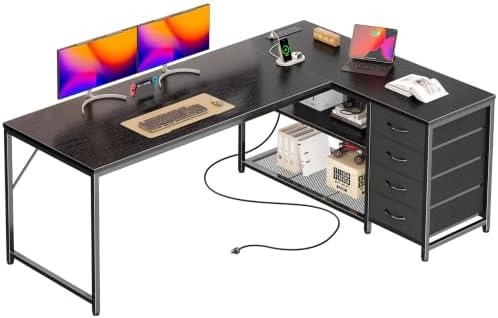 PRAISUN 61" L Shaped Desk with Power Outlets & 4 Drawers by PRAISUN