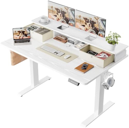 Veken 47x28 in Electric Standing Desk with Drawers, Adjustable Table, White by Veken