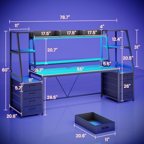 SEDETA Gaming Desk with LED Lights, 8 Drawers and Storage Shelves, Black - Image 2