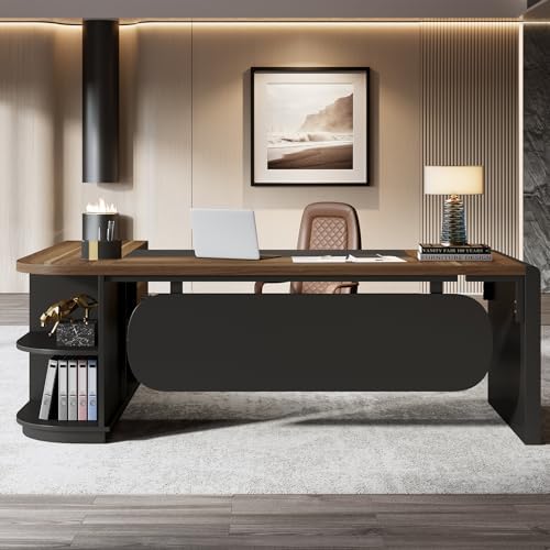 Tribesigns 80'' L-Shaped Desk, Large Executive Office Desk with 55'' Drawers Cabinet, Modern Commercial Office Table with Storage Shelves, Business Furniture for Home Office, Brown & Black - Image 5