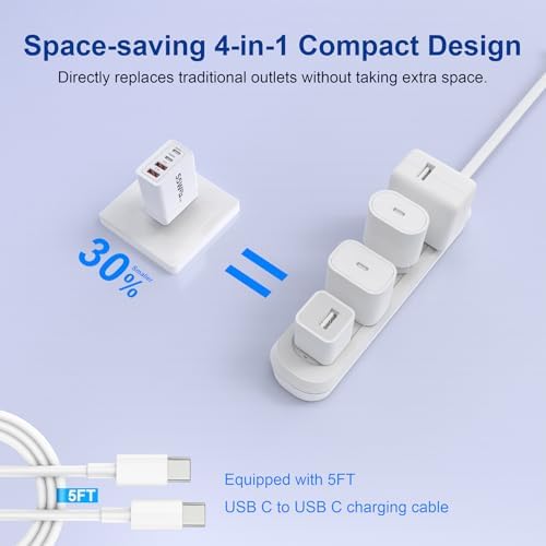 USB C Charger Block, 2 Pack 55W 4-Port Multiport Fast Wall Charger with PD (2x20W)+QC (2x3.1A) Power Adapter, Fast Charging Cable, Type C Charging Hub for iPhone 17/16/15/14/13/12/Pro/Max/XS - Image 4