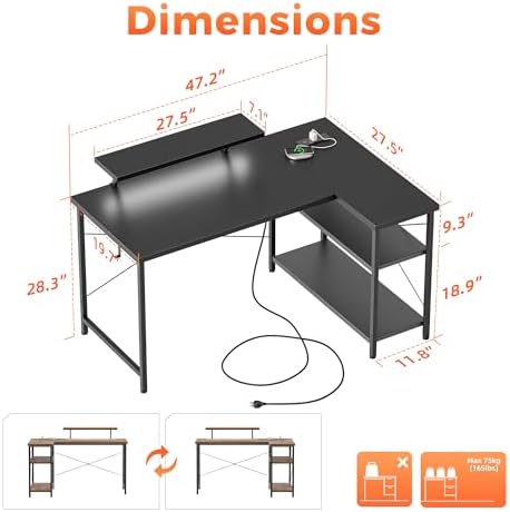 Mericonia 48 in Corner Desk with Monitor Stand, Small L Shaped Gaming Desk - Image 2
