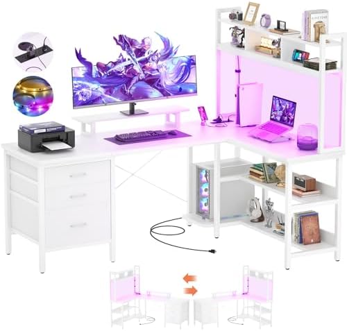 Aheaplus L Shaped Gaming Desk with Hutch, Gaming Desk with Led Lights, Reversible Computer Desk with Power Outlet, Corner Desk with File Drawer & Monitor Stand, Storage Shelves for Home Office, White by Aheaplus